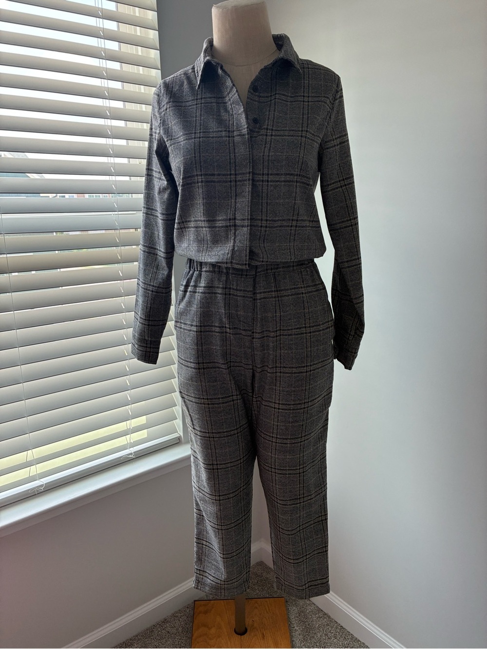 Lucca Women's Plaid Button Front Polo Long Sleeve Jumpsuit